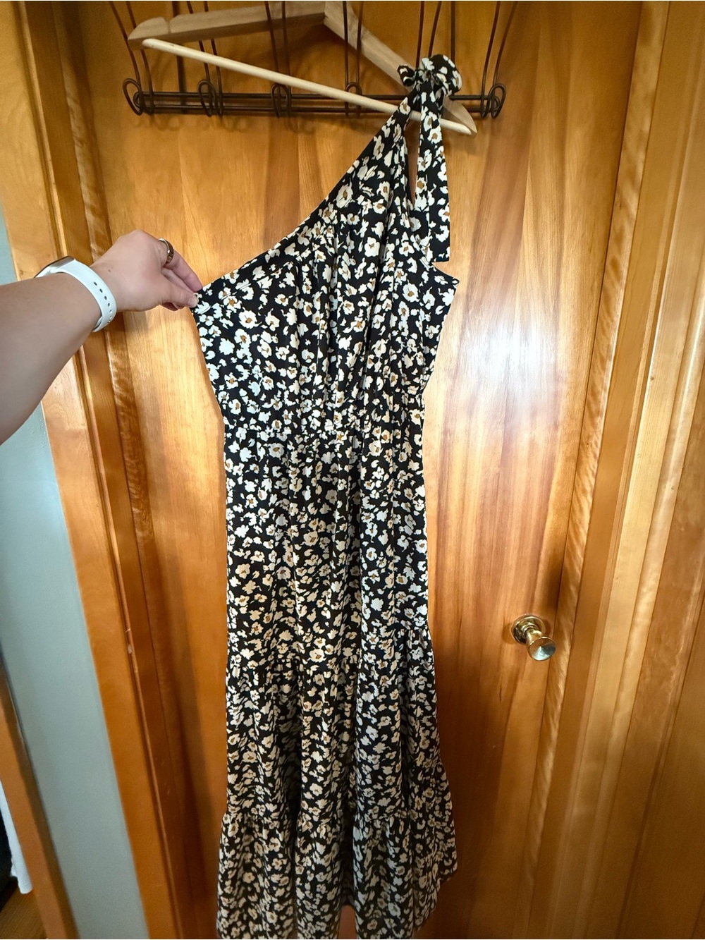 Women’s Black One-Shoulder Floral Maxi Dress with Cream Print